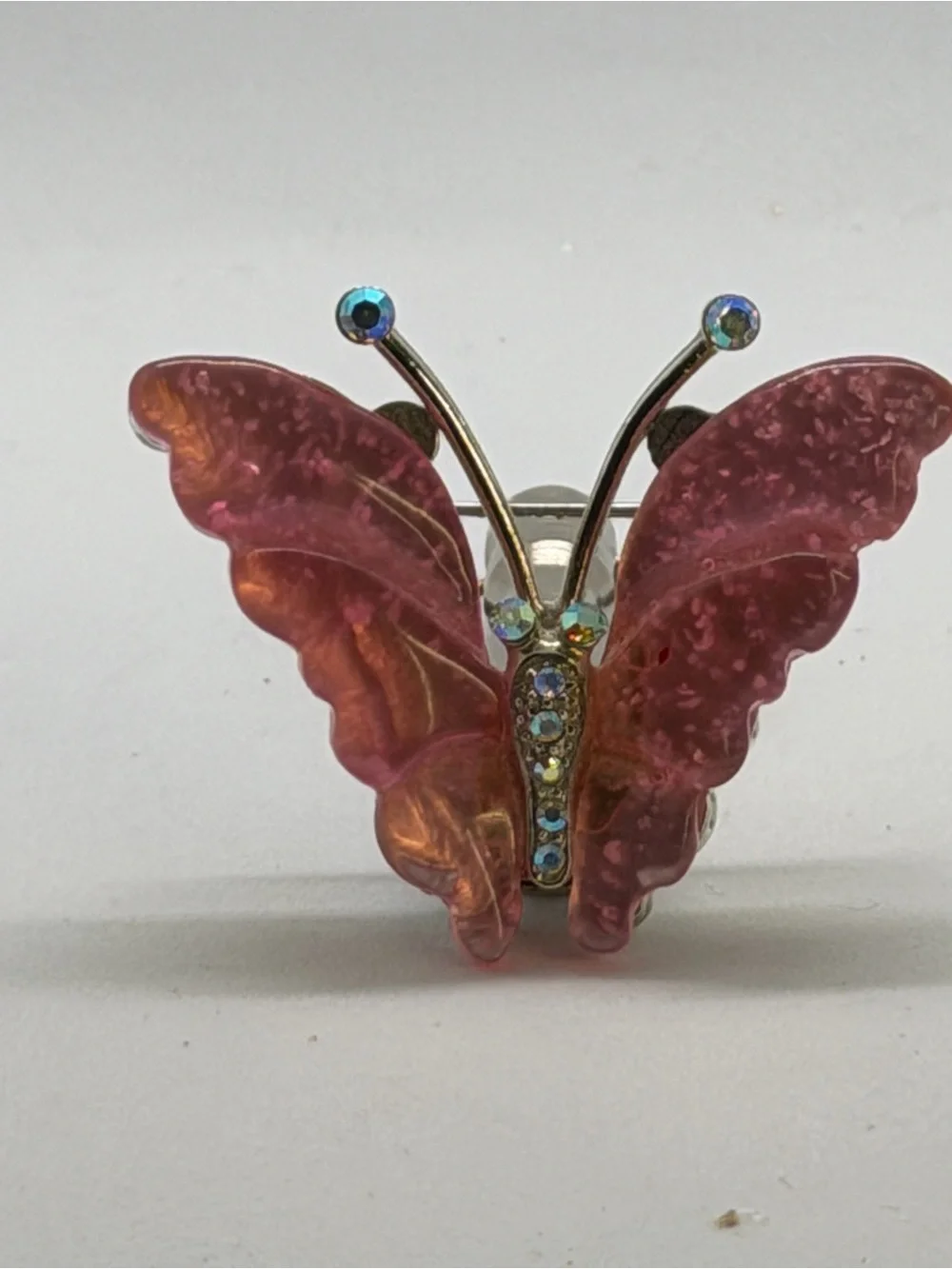 Pink Butterfly Brooch with Rhinestone Accents